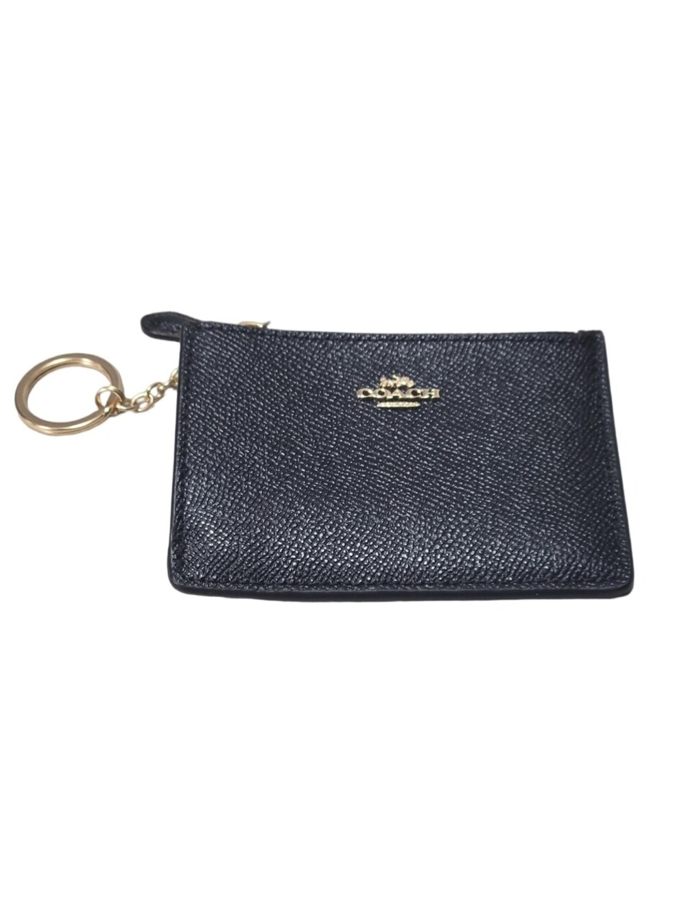 Coach Black Pebble Leather Mini Coin Purse Keychain Zipper Divider ID Holder